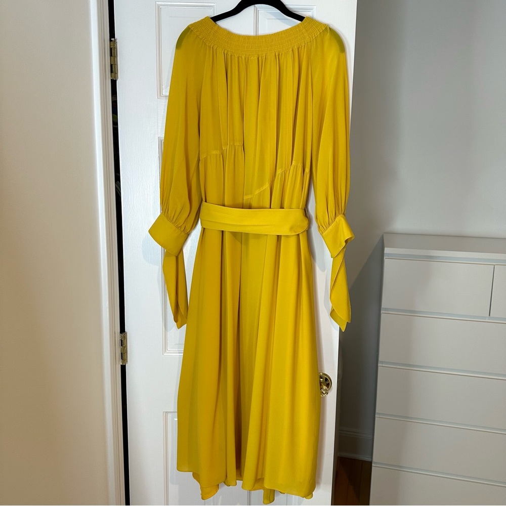 Derek Lam Yellow Silk Georgette Off the Shoulder Belted Dress Size 4 - Picture 9 of 10